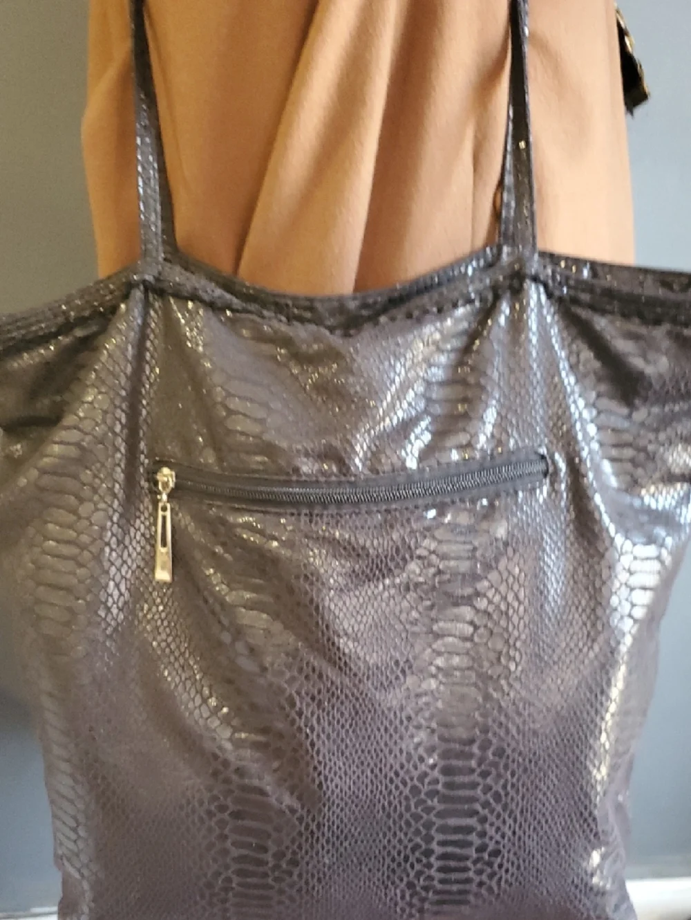 Cache Black Faux Snakeskin Tote with Long Shoulder Straps